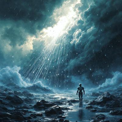The primary subject of the image is a person walking through a body of water, possibly a river or a lake. The setting is a cloudy sky, which adds to the overall atmosphere of the scene. The visual style of the image is digital art, as it appears to be a painting or drawing created using digital tools. The colors in the image are predominantly dark, with the person being the main source of light, creating a moody and dramatic scene.